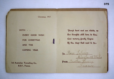 Xmas Card from the 3rd Australian Tunneling Coy.