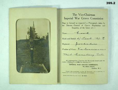 Certificate and photo of a British soldiers grave