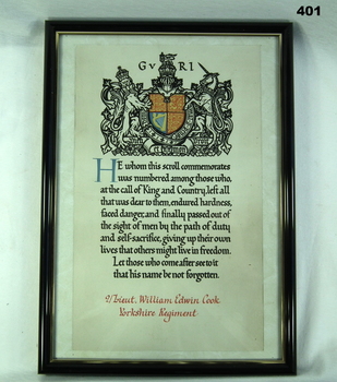 WW1 Memorial Scroll framed British soldier
