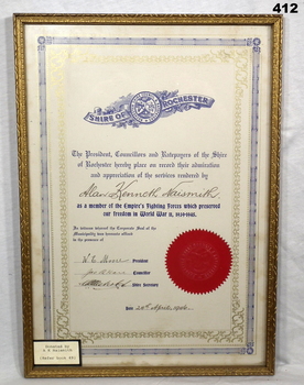 Rochester Shire certificate for WW2 soldier