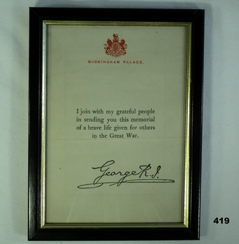 Framed message from the King WW1