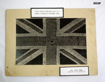 Photograph of a flag with names written on.