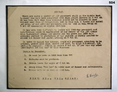 Notification of a reunion for 1,000 day service personnel.
