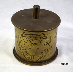 Brass container made from Ordnance and engraved