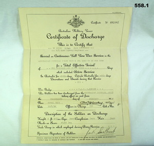 Certificate of discharge from the Army WW2