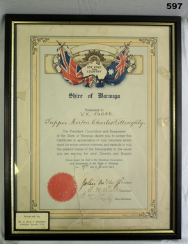 Shire of Waranga WW2 certificate framed