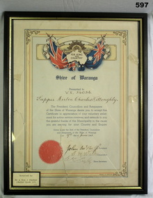 Shire of Waranga WW2 certificate framed