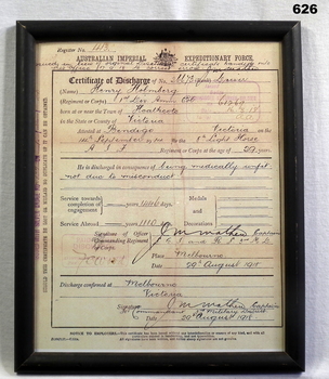 Copy of a discharge certificate for display