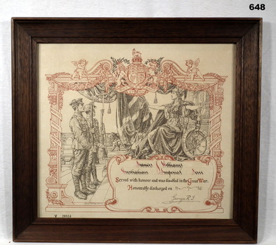 Coloured certificate indicating wounded soldier