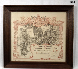 Coloured certificate indicating wounded soldier