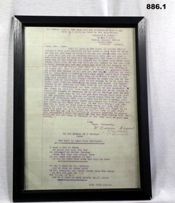 Letter typed in purple in two frames WW1
