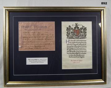 Memorial scroll and telegram re AIF DOW’s