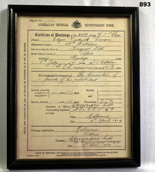 Certificate of discharge AIF WW1