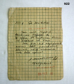 Movement order written on note paper WW1