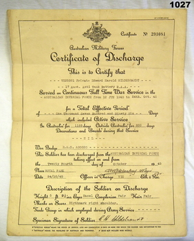 Certificate of discharge from the 2nd AIF