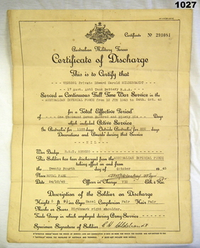 Certificate of discharge from the 2nd AIF