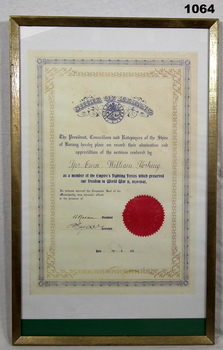 Shire certificate of appreciation for WW2 service