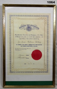 Shire certificate of appreciation for WW2 service