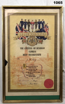 Bendigo City shire certificate WW2