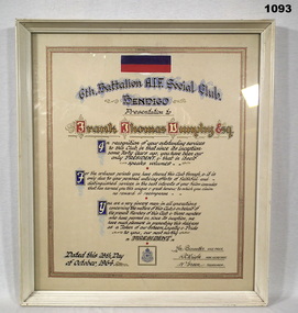 Framed certificate 6th BN social club.