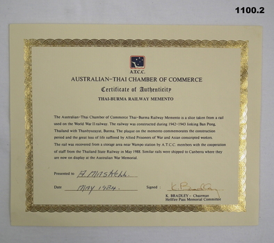 Authenticity certificate re Burma Thai Railway section