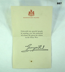 Letter from the King to families WW1