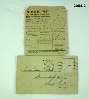 Army Travel pass and envelope WW2