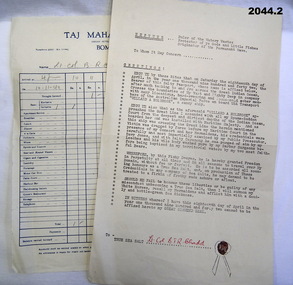 Crossing the equator certificate and hotel receipt.