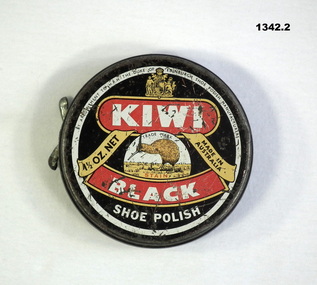 Tin of black Kiwi boot polish 