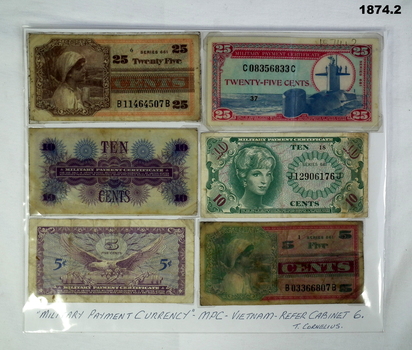 Six U.S Military Payment Currency notes Vietnam.
