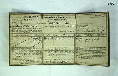Drivers licence issued in WW2