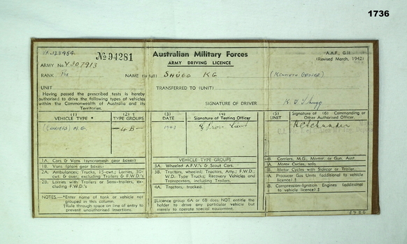 Australian Army drivers licence WW2