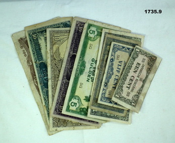 Nine various japanese currency notes.