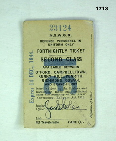 Second class NSW railways ticket WW2