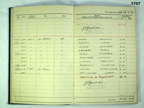 Page inside an RAAF log book.