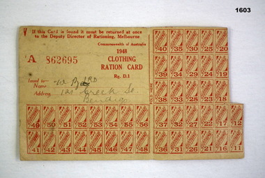 Clothing ration card issued in 1948