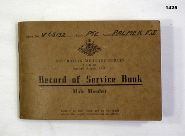 Brown cover record of service book WW2