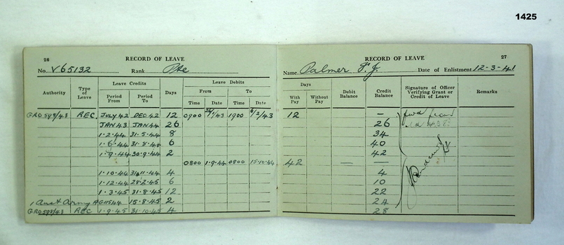 Showing a record of service book WW2