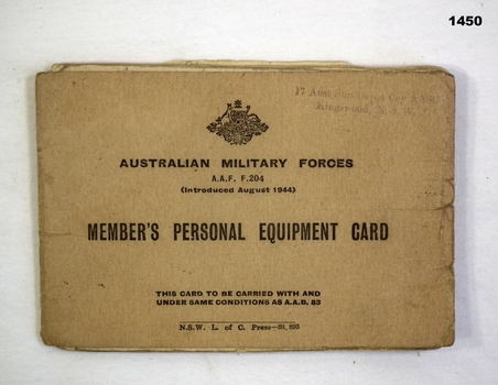 Personal equipment booklet relating to 2nd AIF.