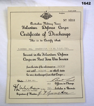 Certificate relating to VDC service WW2