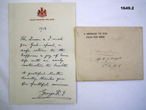 Letter/envelope from the King wishing safe return.