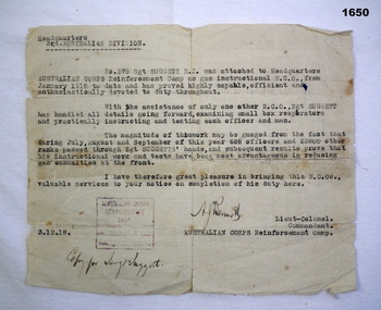 Typed letter from Lt Col Bennett to Suggett WW1