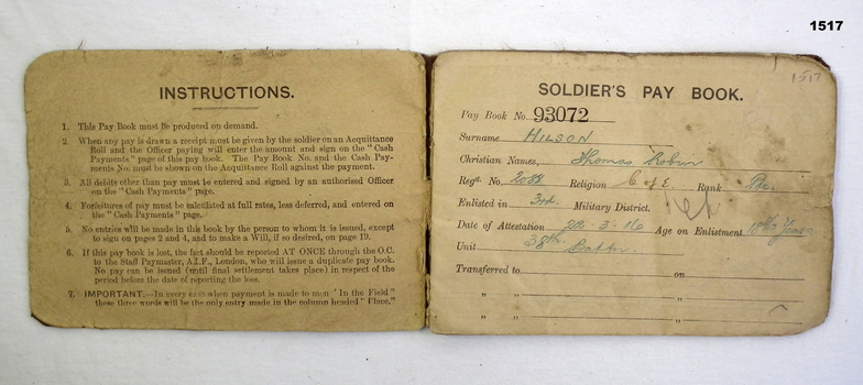 Showing the internal pages of a WW1 pay book