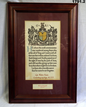 Memorial scroll framed from NZ