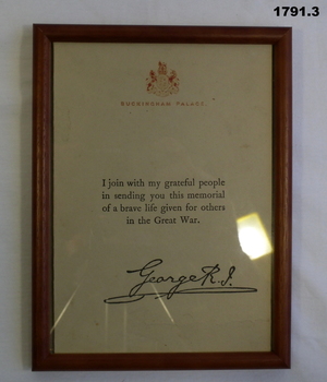 Framed message from the King WW1