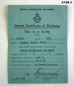 Certificate of discharge RAAF WW2