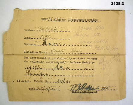 Notice of approval to wear 1939-45 Star