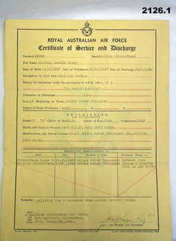 Certificate of discharge from the RAAF WW2