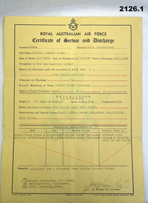 Certificate of discharge from the RAAF WW2