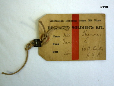 Tag from a deceased soldiers kit WW1